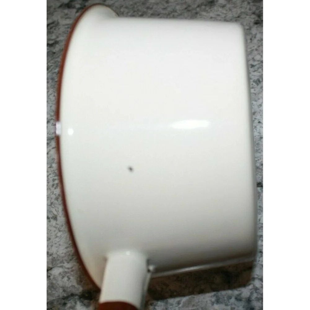 Vintage Enamelware Sauce Pan, Tan with Brown Trim & Handle 7.5 X 3.5 No Lid GUC